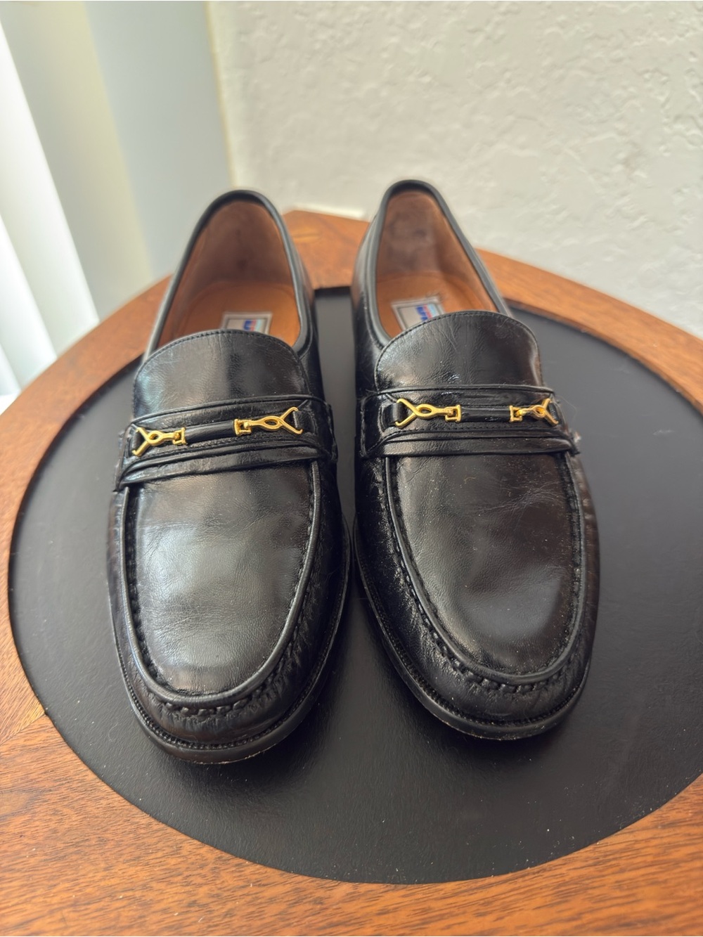 Vintage Black Leather Loafers with Gold Accent